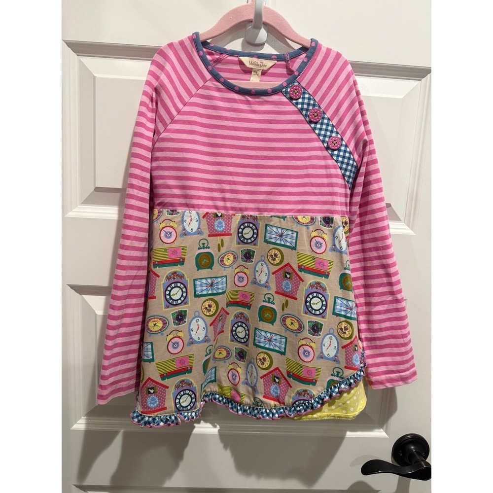 33. Matilda Jane Girls Pink Striped Clock Print Ruffle Tunic Top Size 8